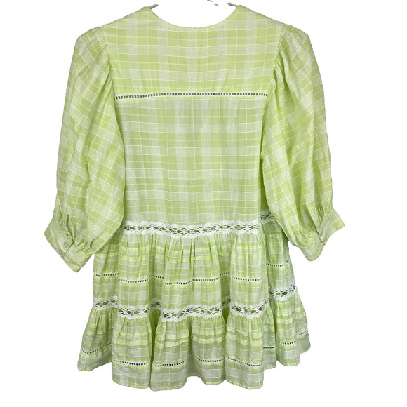 Free People Time Out Tunic Top Size S Lime Green Plaid Crochet Lace Boho Prairie - Picture 2 of 10